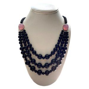 Sterling Onyx & Pink Chalcedony Necklace 20"